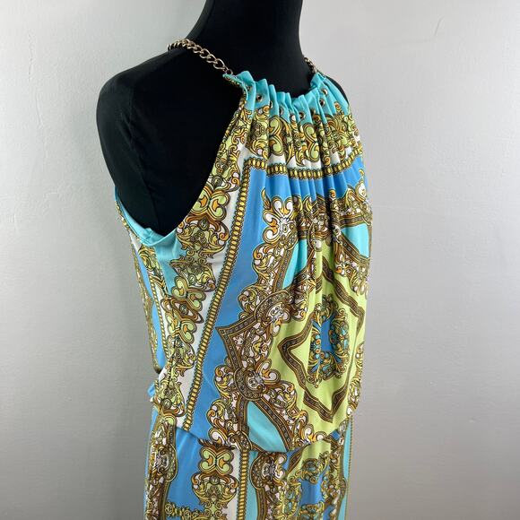 CACHE Womens Baroque Chain Halter Dress Blue Yellow Sleeveless Stretch Size M - Picture 8 of 10